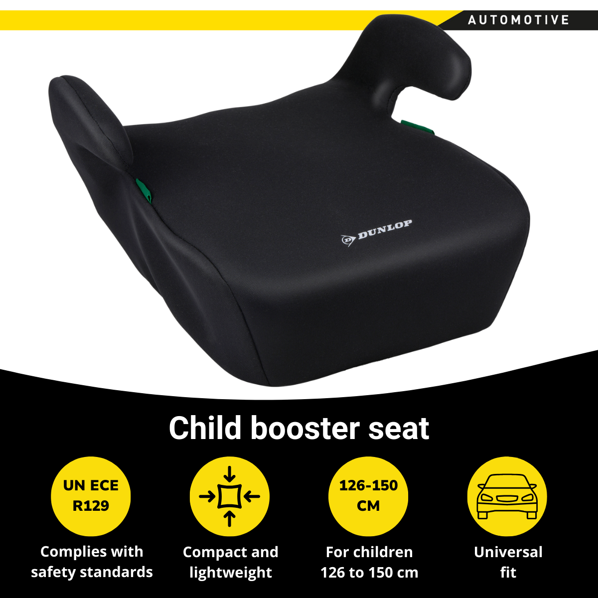Zwarte kinderstoel met DUNLOP-logo, aangeduid als automotive. Kenmerken zijn veiligheidsnormen, compact ontwerp en universele pasvorm.