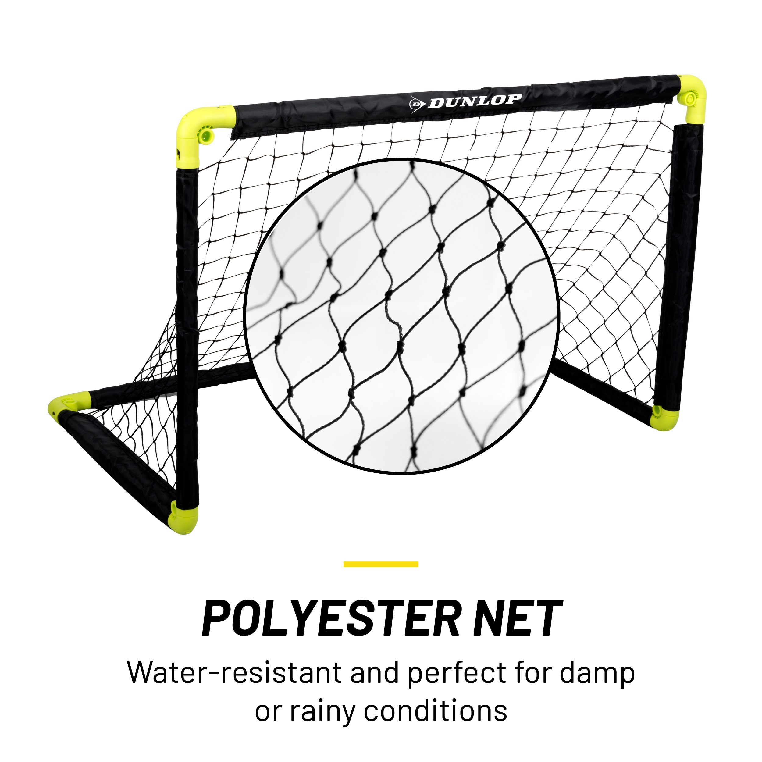 Ein Fußballtor mit Netz. Das Tor hat einen schwarzen Rahmen und gelbe Ecken. Eine Nahaufnahme des Netzes ist in einem Kreis.