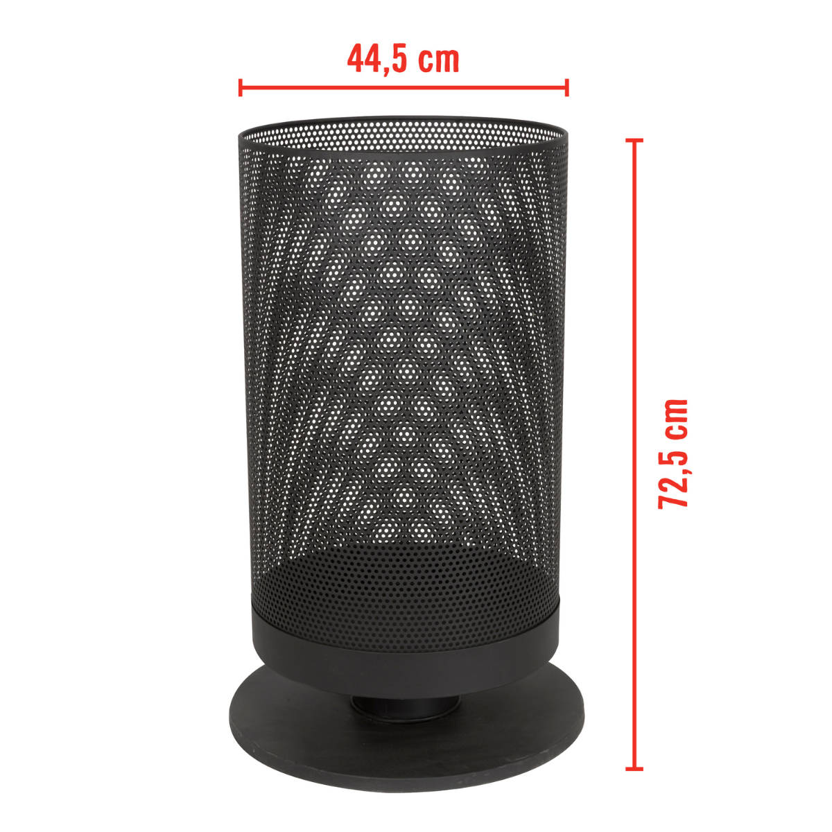 Een zwart metalen cilindrisch decoratief item met een geperforeerd patroon. Het is 72,5 cm hoog en 44,5 cm breed, op een cirkelvormige basis.