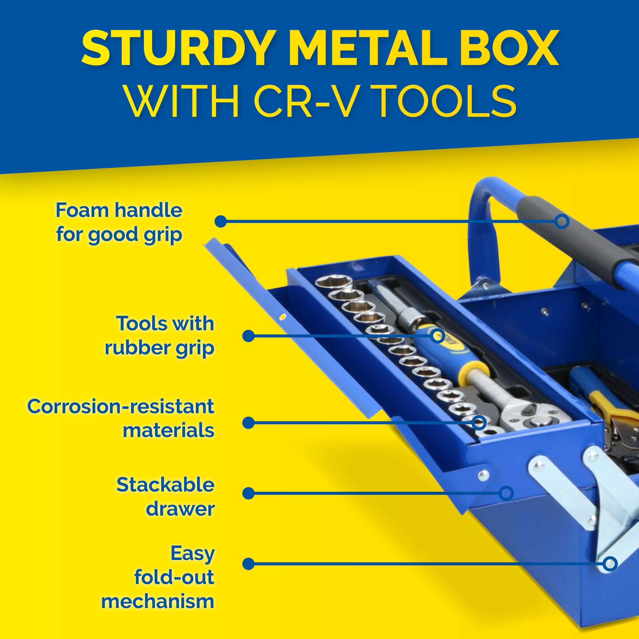 Blauwe metalen gereedschapskist met gereedschap. Gele achtergrond. Kenmerken: schuimrubberen handvat, gereedschap met rubberen grip, corrosiebestendige materialen.