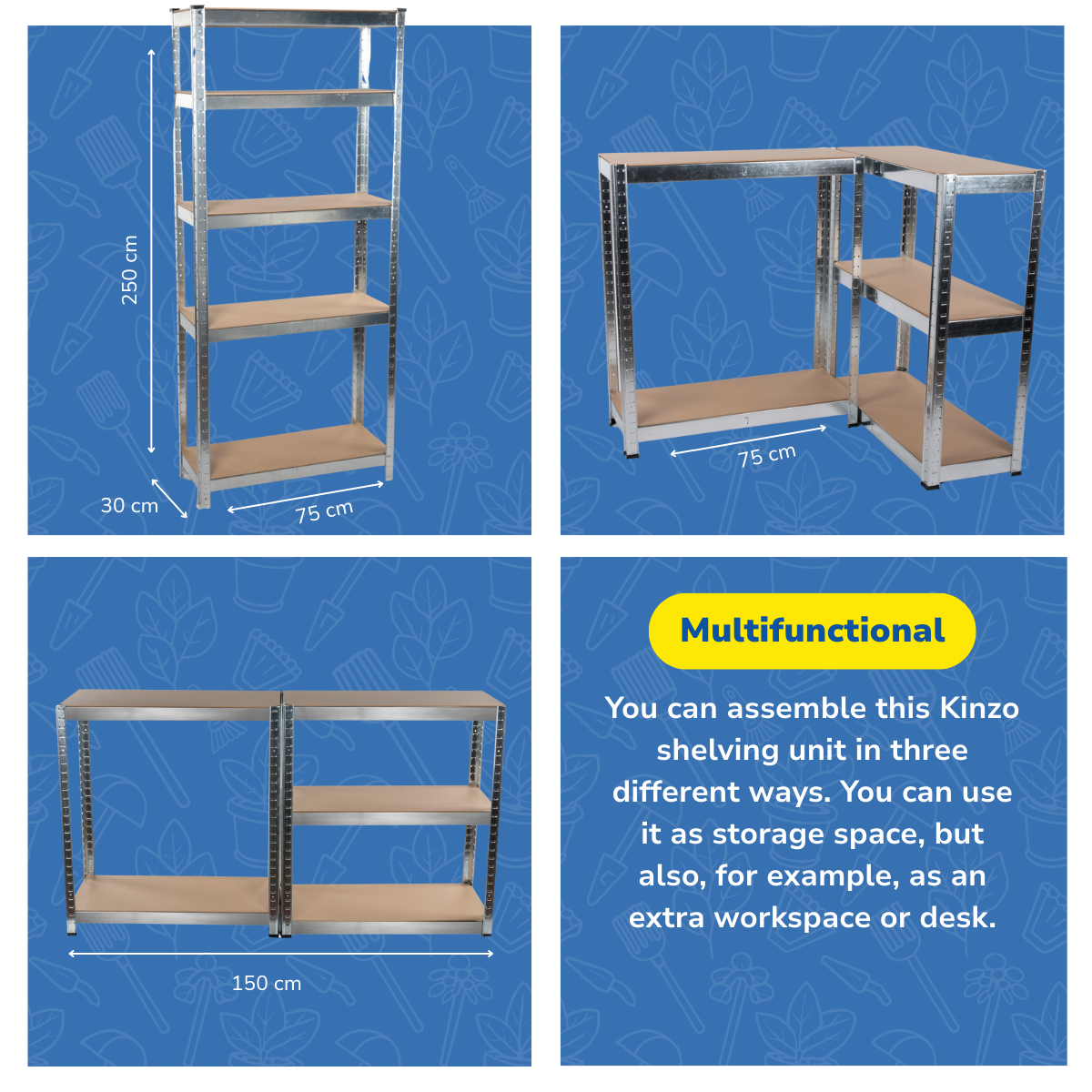 Een metalen stelling wordt getoond in drie verschillende configuraties. Het kan worden gebruikt als opslag of werkruimte.