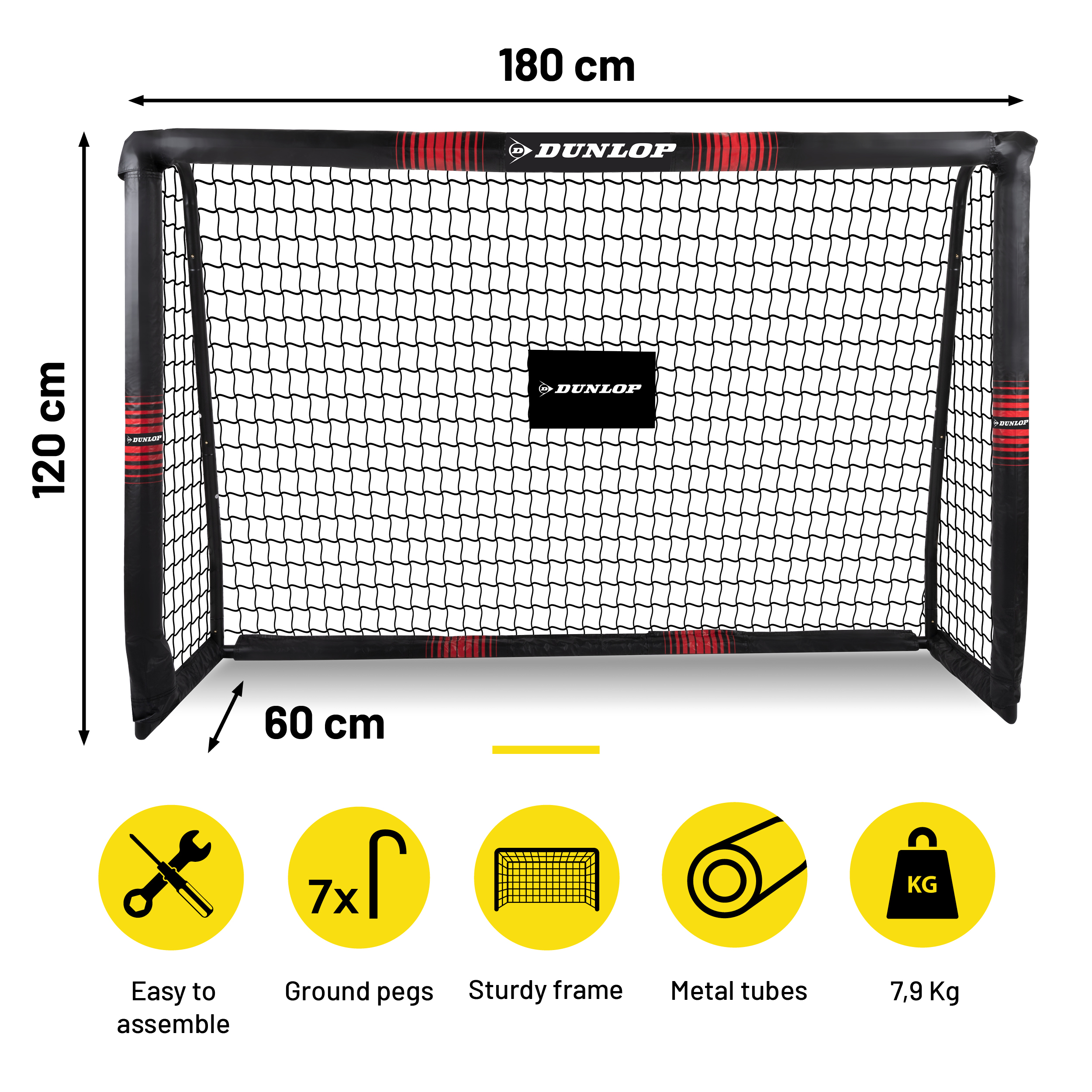 Un but de football noir et rouge avec un filet. Les dimensions sont de 180x120x60 cm. Comprend des icônes pour l'assemblage, les piquets, le cadre, les tubes métalliques et le poids.