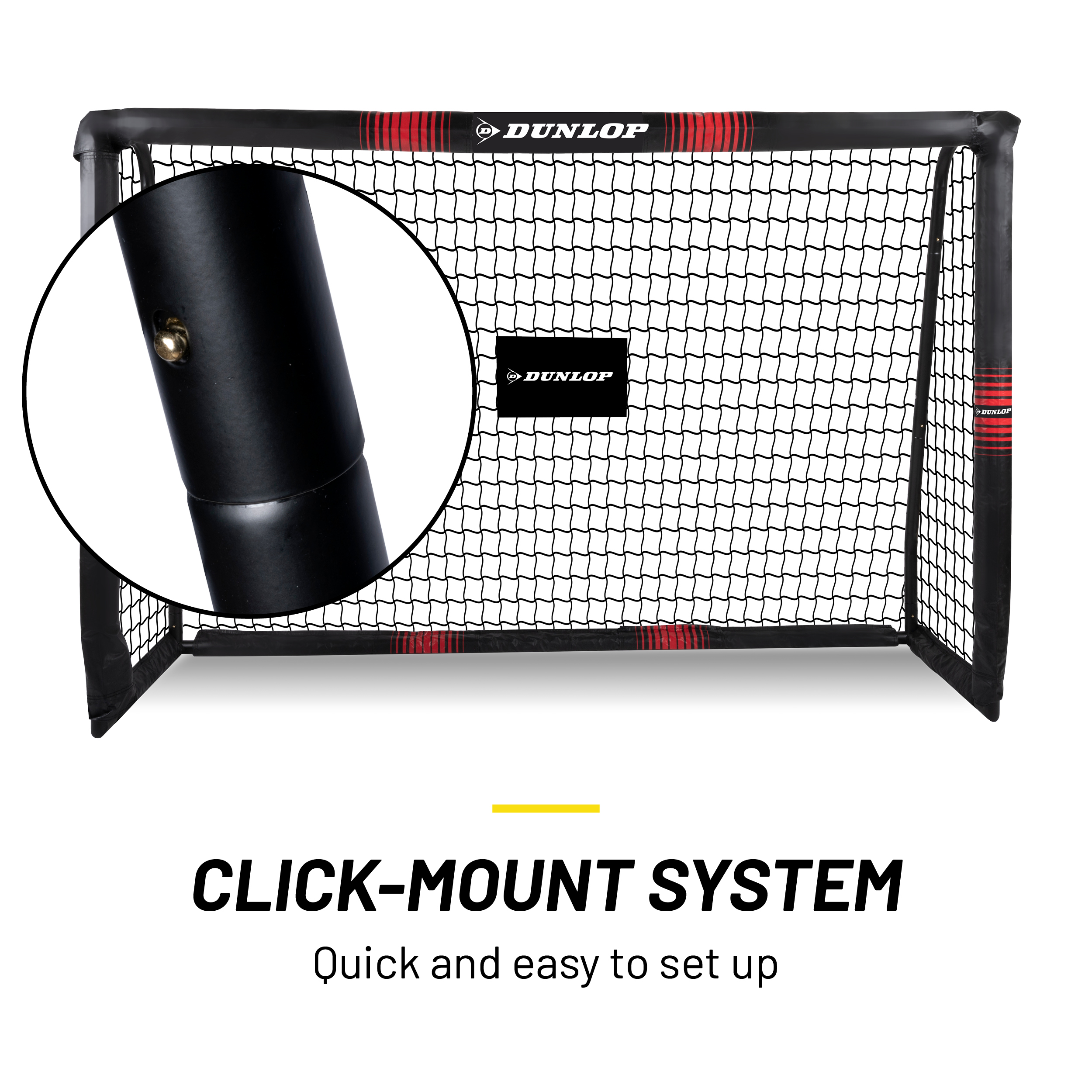 Un but de football Dunlop noir et rouge avec un filet. Le texte indique 'CLICK-MOUNT SYSTEM' et 'Quick and easy to set up'.