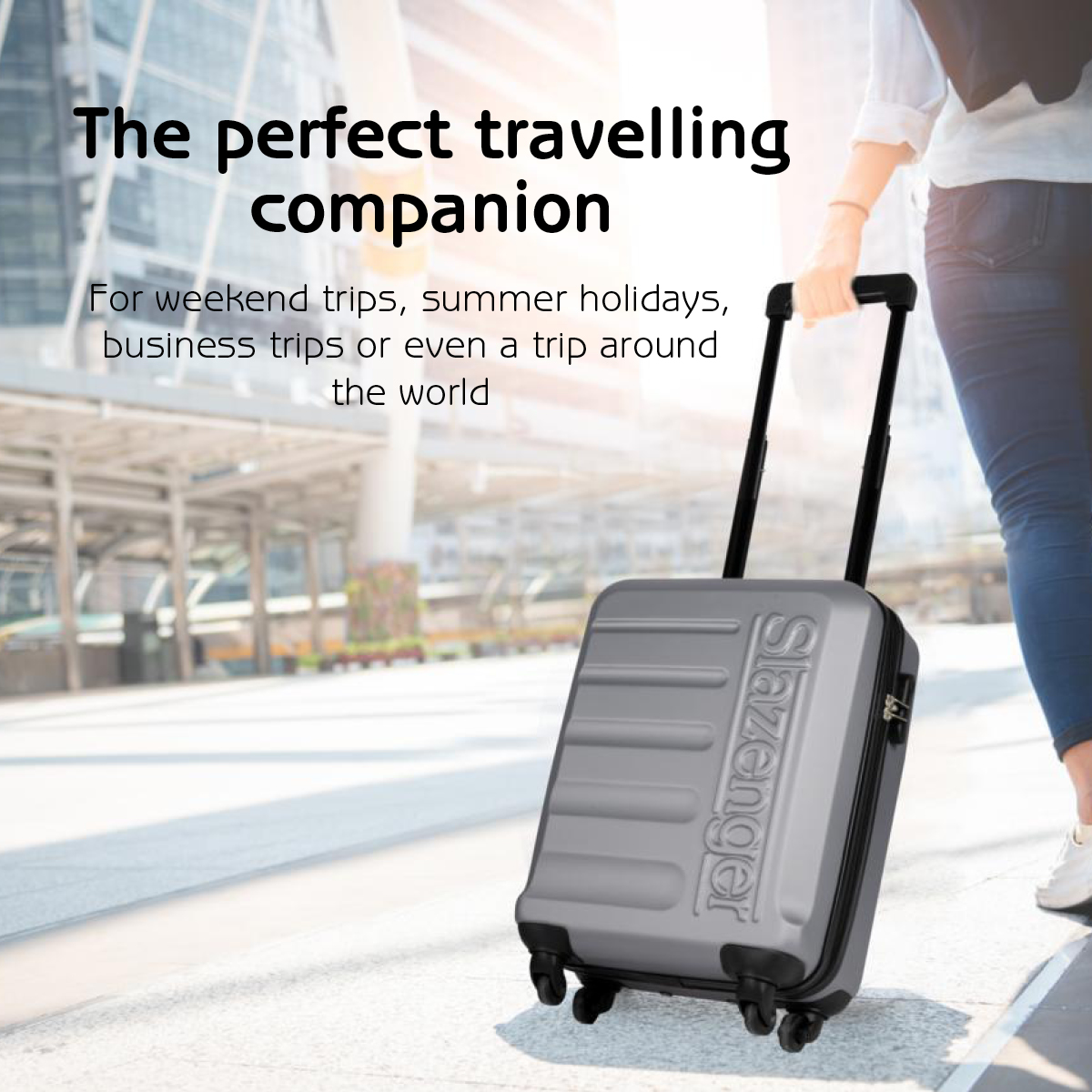 A person pulling a gray Slazenger suitcase on wheels. The image has text: 'The perfect travelling companion'.