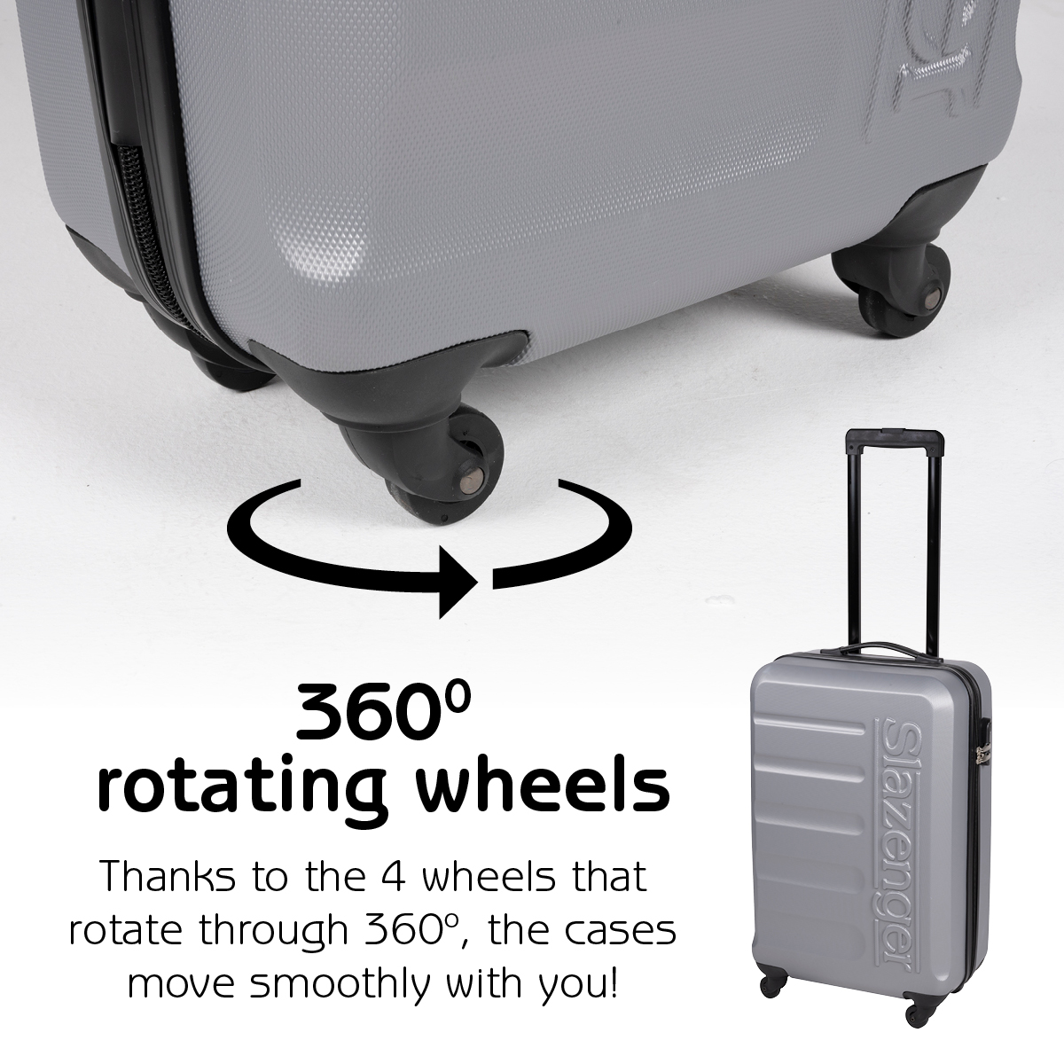 A gray suitcase with 360° rotating wheels. The text says '360° rotating wheels' and 'Slazenger' on the side of the suitcase.