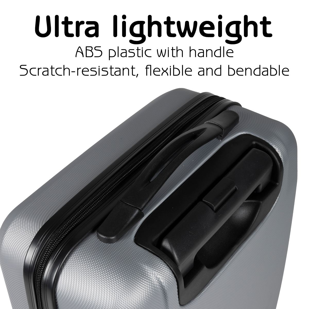 Close-up of a grey suitcase with black handle and zipper. Text says 'Ultra lightweight' and 'ABS plastic'.