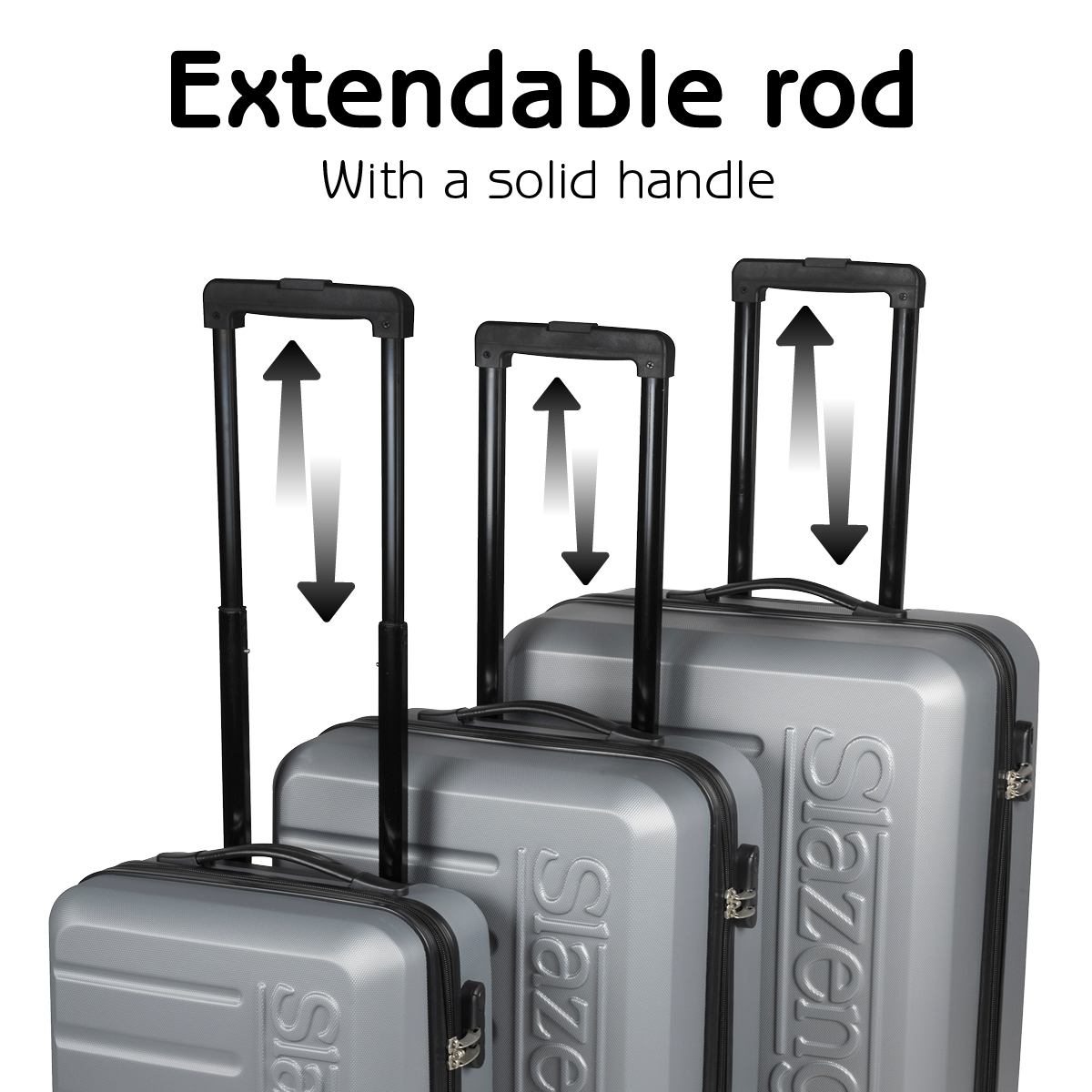 Three gray suitcases with extendable black handles, arrows show handle extension. 'Slazenger' is embossed on the sides.