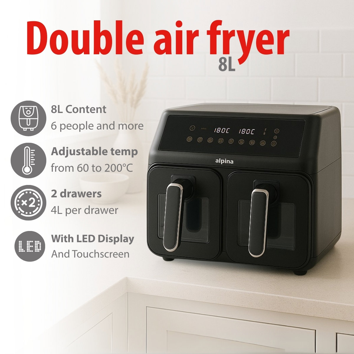 Zwarte dubbele airfryer met 2 lades, LED-display en touchscreen. 8L capaciteit, instelbare temperatuur, geschikt voor 6+ personen.