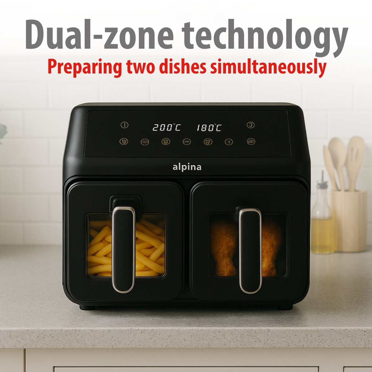 Zwarte dual-zone airfryer. Eén kant heeft friet, de andere kant eten. Tekst: Dual-zone technologie, gelijktijdig bereiden van twee gerechten.