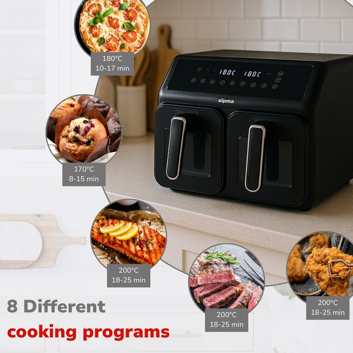 Een airfryer met dubbele mand toont kookopties: pizza, muffins, zalm, biefstuk en gefrituurde kip. Tekst toont temperatuur en tijd.