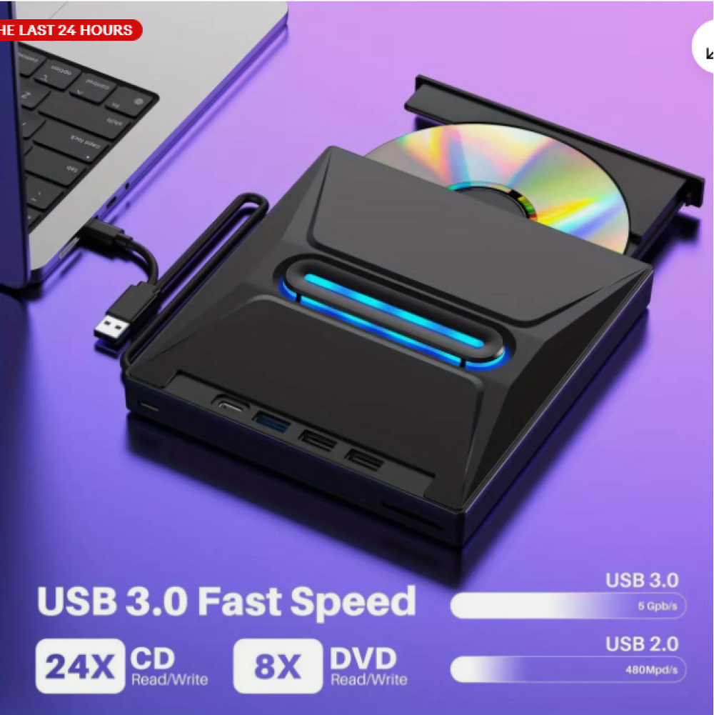 Ein schwarzes externes CD/DVD-Laufwerk ist an einen Laptop angeschlossen. Eine CD befindet sich im Laufwerk. Text: USB 3.0 Fast Speed.