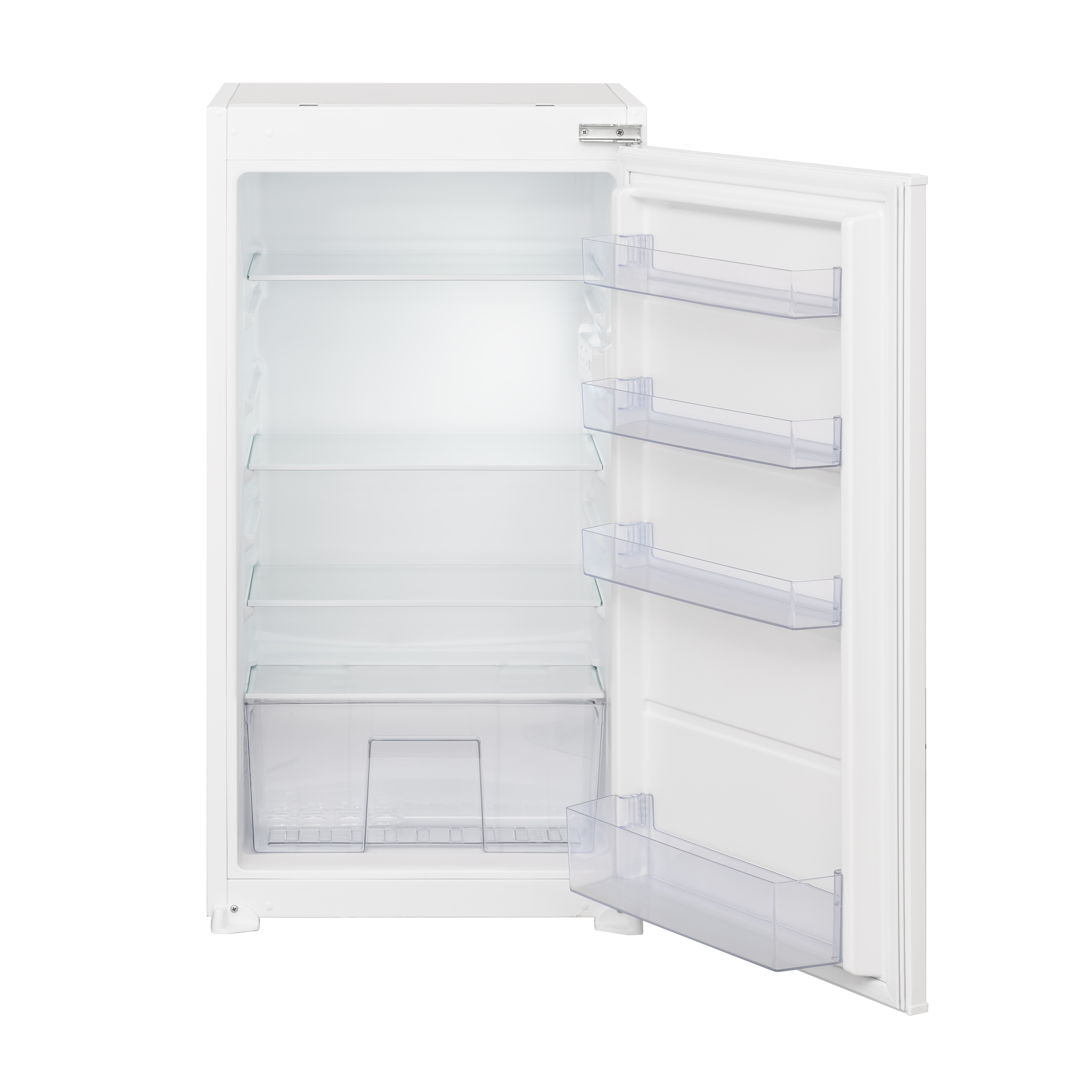 Un réfrigérateur blanc avec la porte ouverte. À l'intérieur, il y a des étagères et des compartiments de porte. Le fond est blanc.