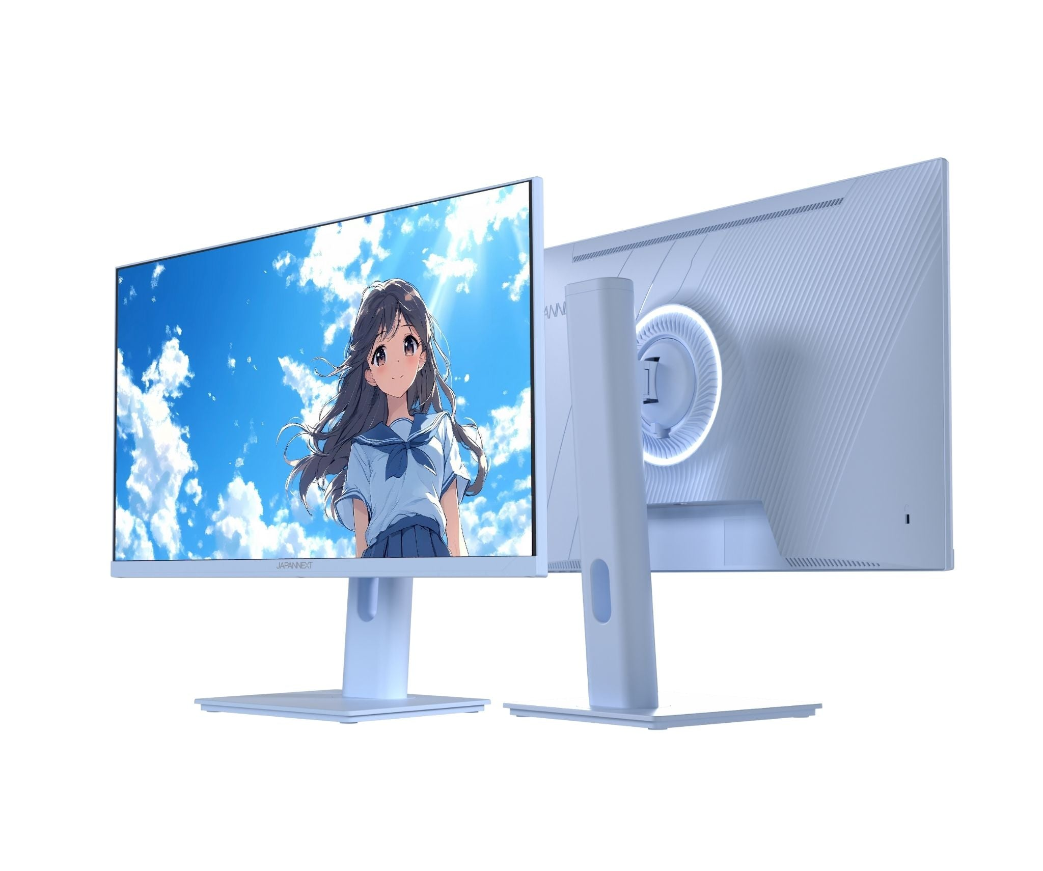 Due monitor per computer bianchi. Uno mostra una ragazza anime, cielo blu. L'altro mostra il retro del monitor.