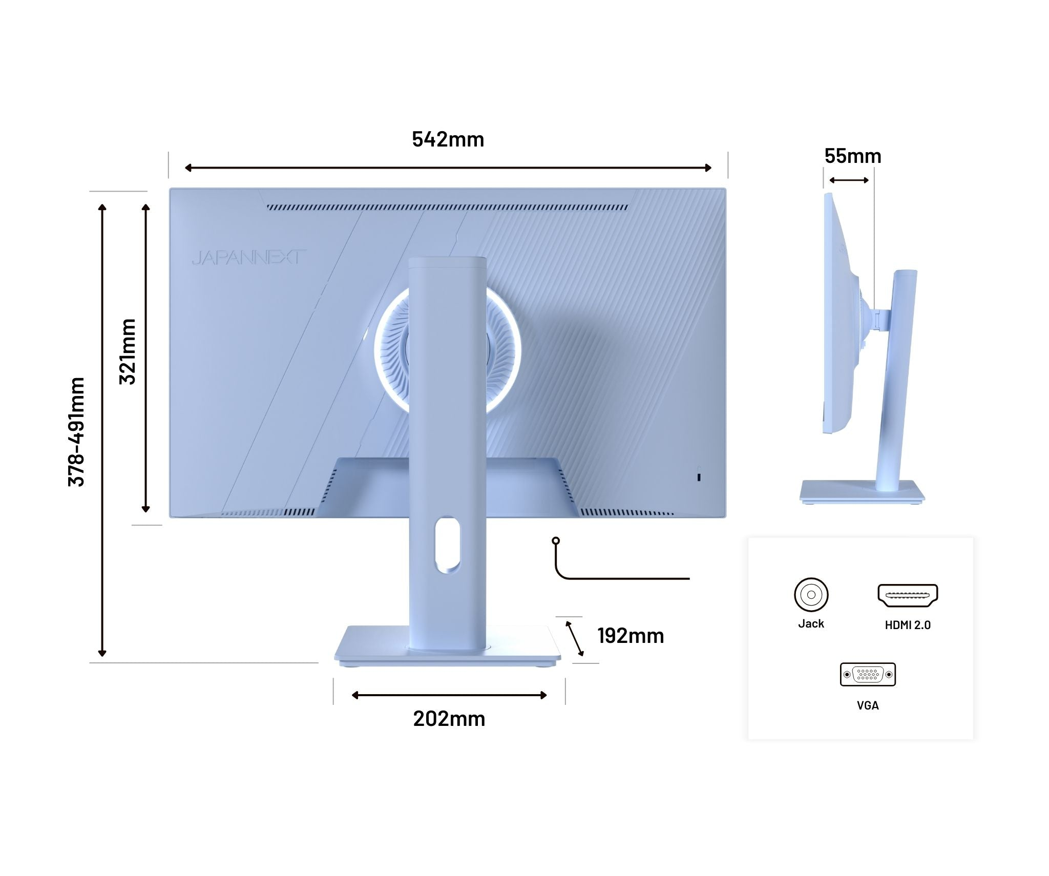 Un monitor azzurro con dimensioni etichettate. Il monitor ha un supporto. Le porte includono HDMI 2.0, VGA e un jack.