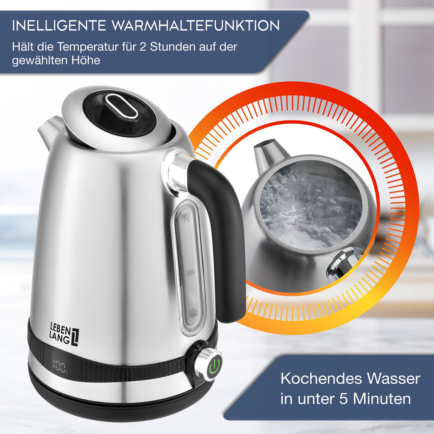 Un bollitore elettrico in acciaio inossidabile con dettagli neri. Presenta un display digitale, un indicatore del livello dell'acqua e un grafico dell'acqua bollente.