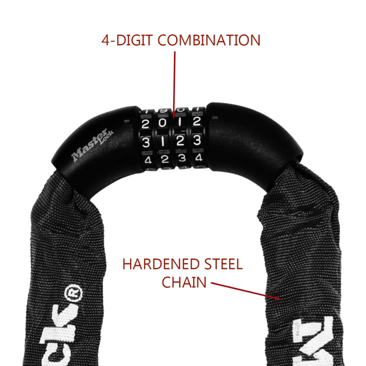 Schwarzes Master Lock Fahrradschloss mit 4-stelligem Zahlencode, an einer schwarzen Kette aus gehärtetem Stahl. Text kennzeichnet Merkmale.
