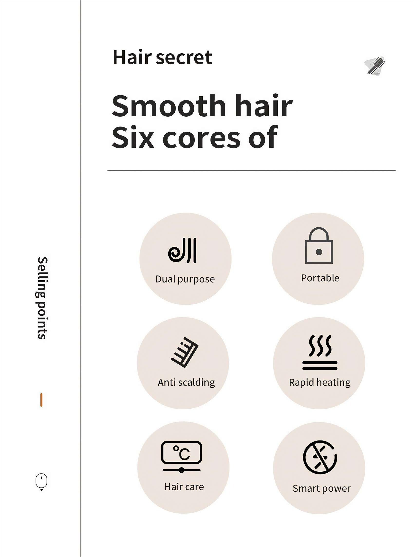Weißer Hintergrund mit Text "Hair secret", "Smooth hair", "Six cores of". Symbole: Dualzweck, Tragbar, Verbrühungsschutz.
