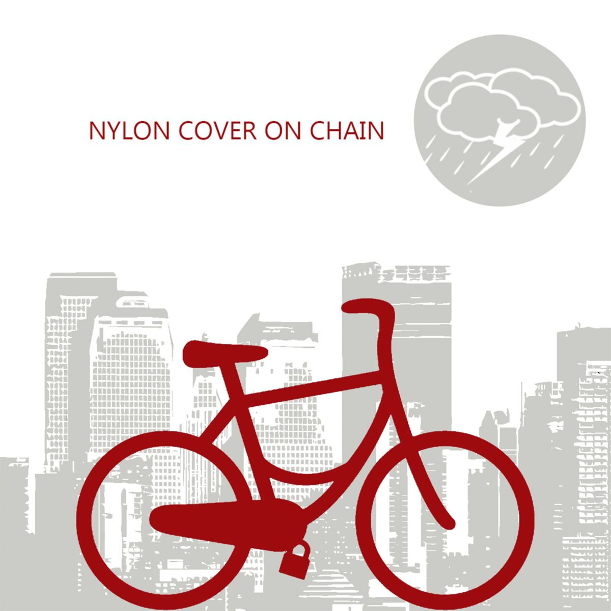 Roter Fahrradumriss vor einer Stadtlandschaft. Oben rechts befindet sich eine Gewitterwolken-Grafik. Der Text lautet 'NYLON COVER ON CHAIN'.