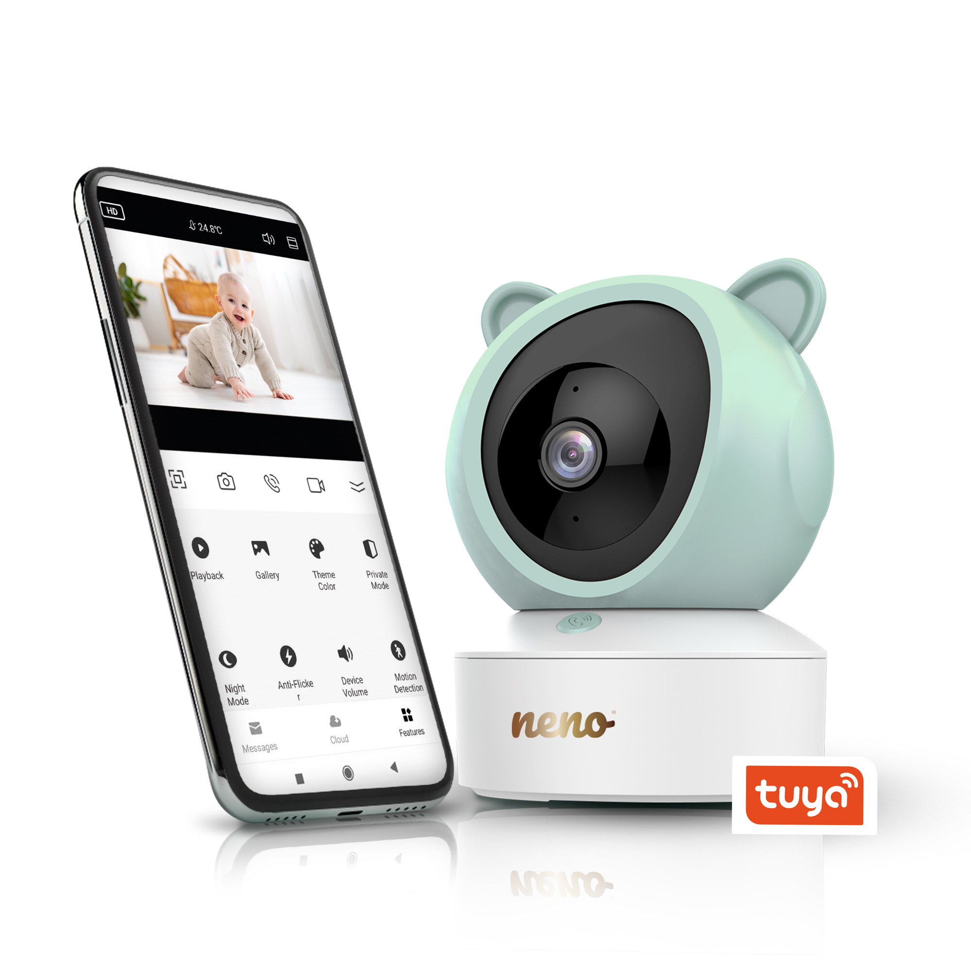 Un baby monitor con una telecamera a forma di orso e un telefono che mostra un bambino. Il monitor è bianco e verde menta.