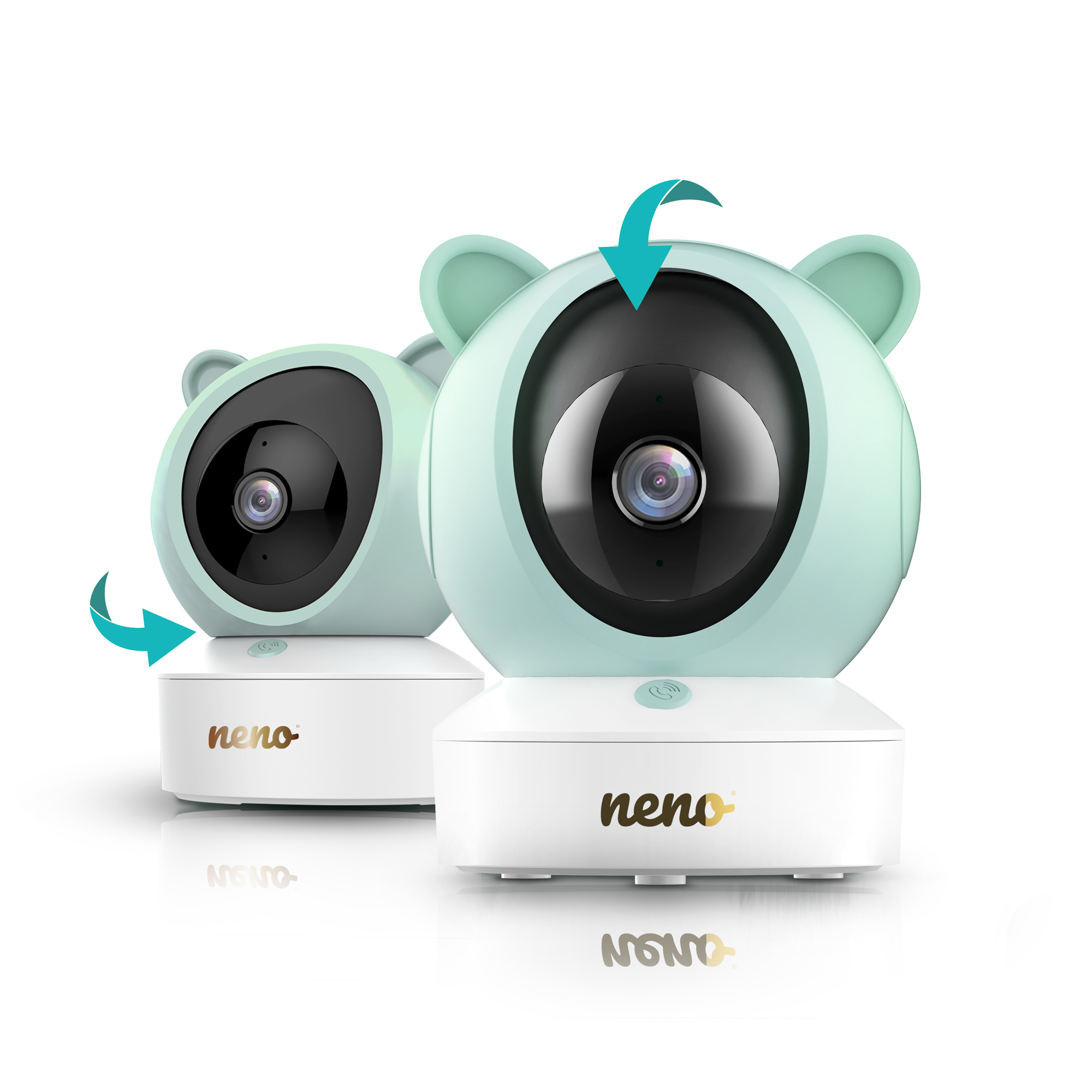 Due baby monitor con orecchie da orso, verde menta e bianco. Le frecce indicano la rotazione. Il marchio è 'neno'.