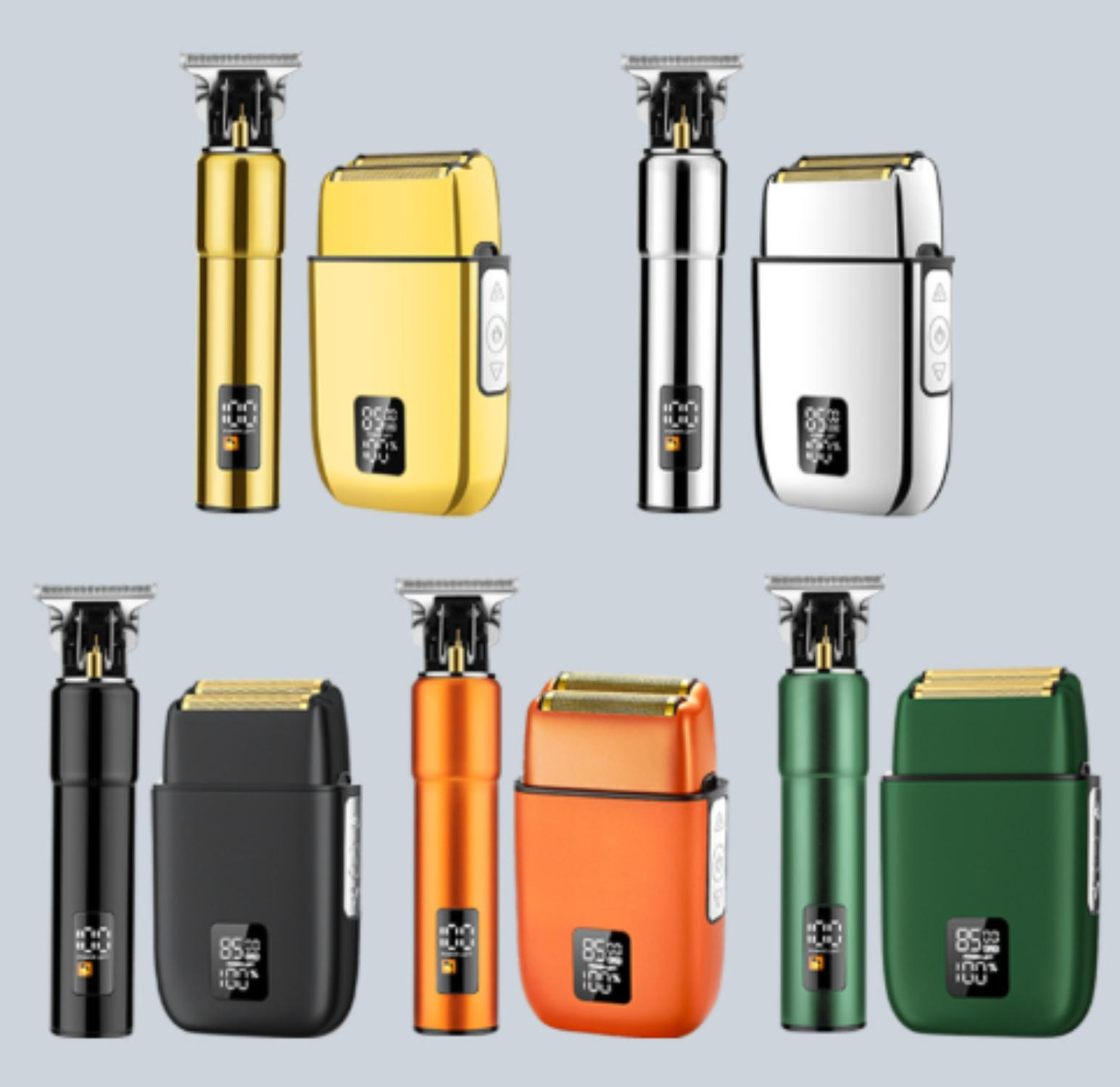 Das Bild zeigt sechs Paare von Elektrorasierern und Trimmern in verschiedenen Farben, darunter Gold, Silber, Schwarz, Orange und Grün.