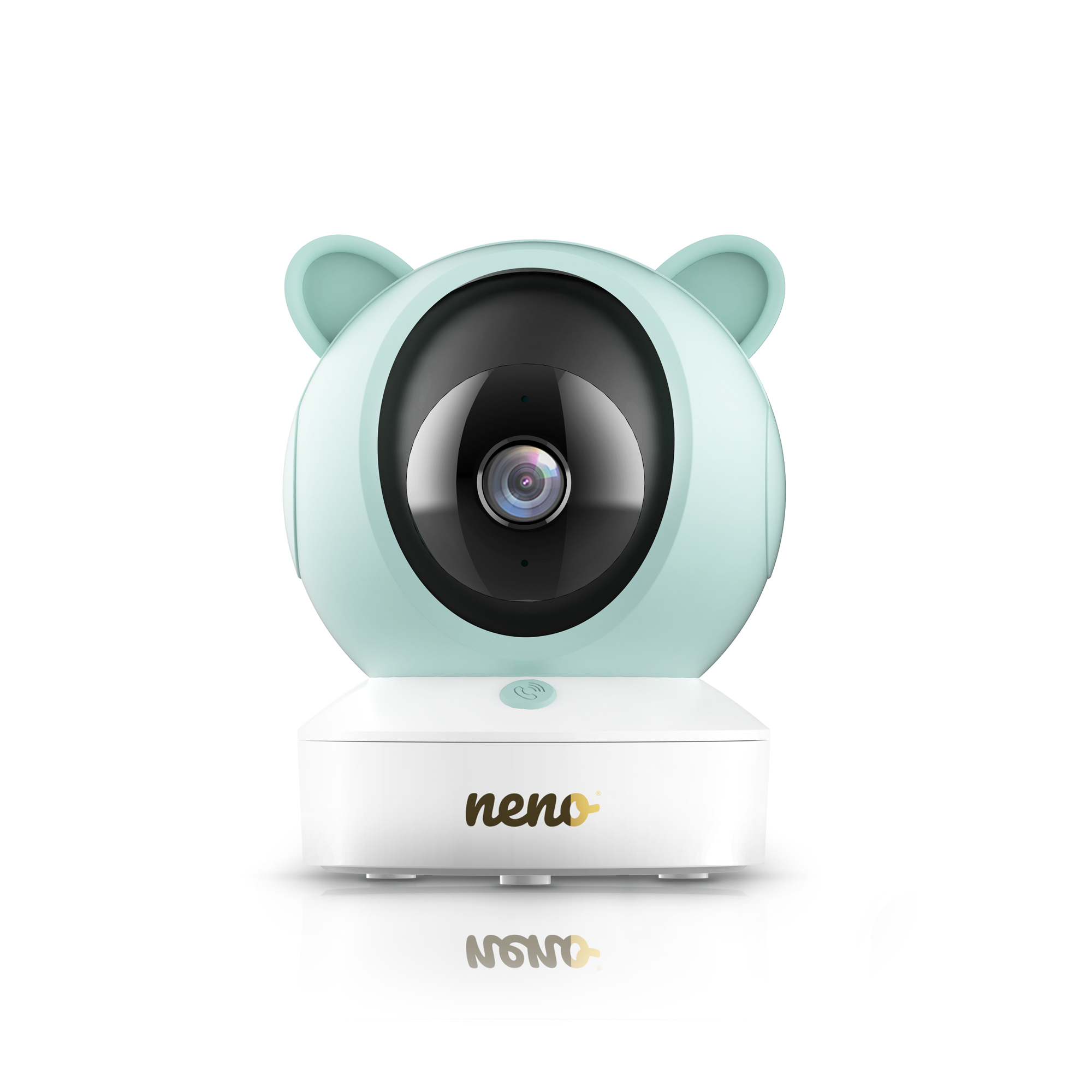 Un baby monitor a forma di orso con corpo azzurro, obiettivo nero e base bianca con il nome del marchio.