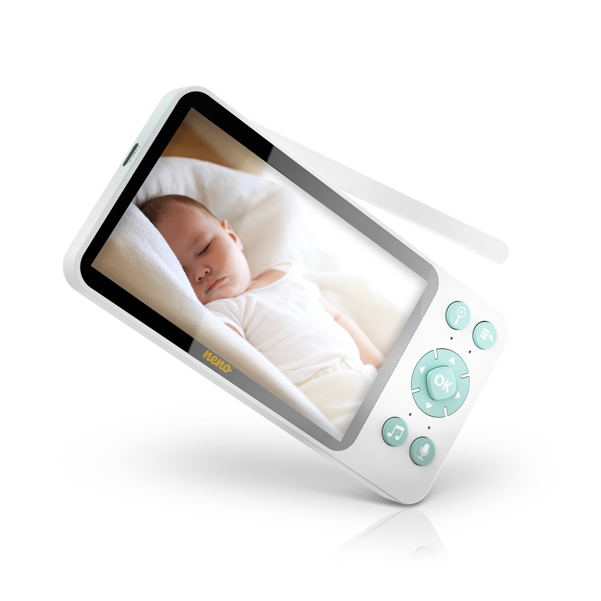 Baby monitor con bambino che dorme. Il monitor è bianco con pulsanti verdi. È presente un'antenna bianca.