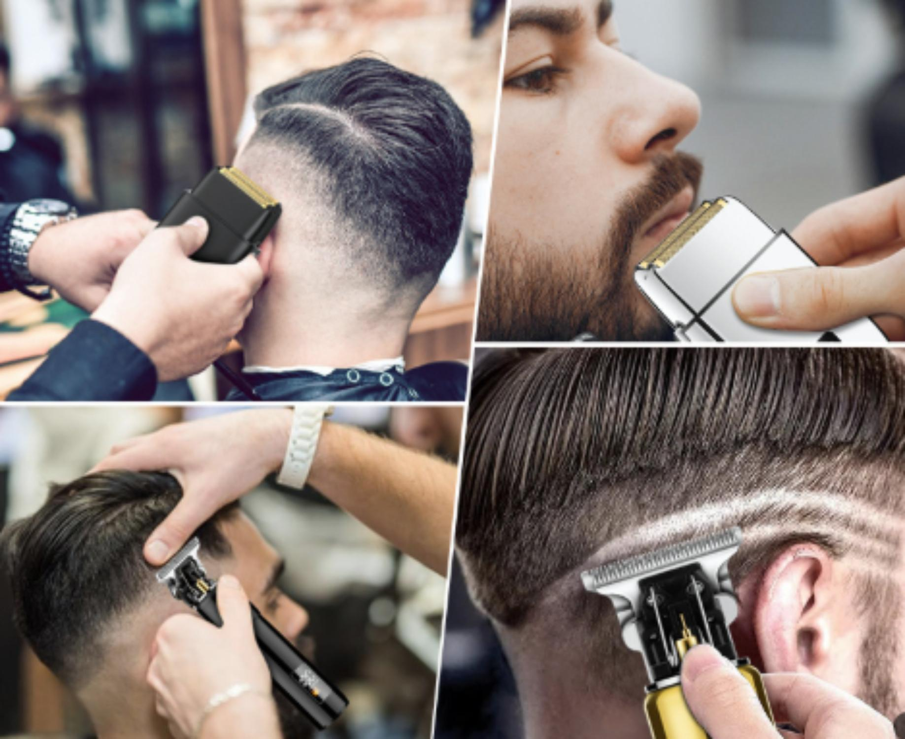 Ein Friseur schneidet mit einem Haarschneider die Haare und den Bart eines Mannes in einem Salon. Nahaufnahmen zeigen Details und verschiedene Blickwinkel.