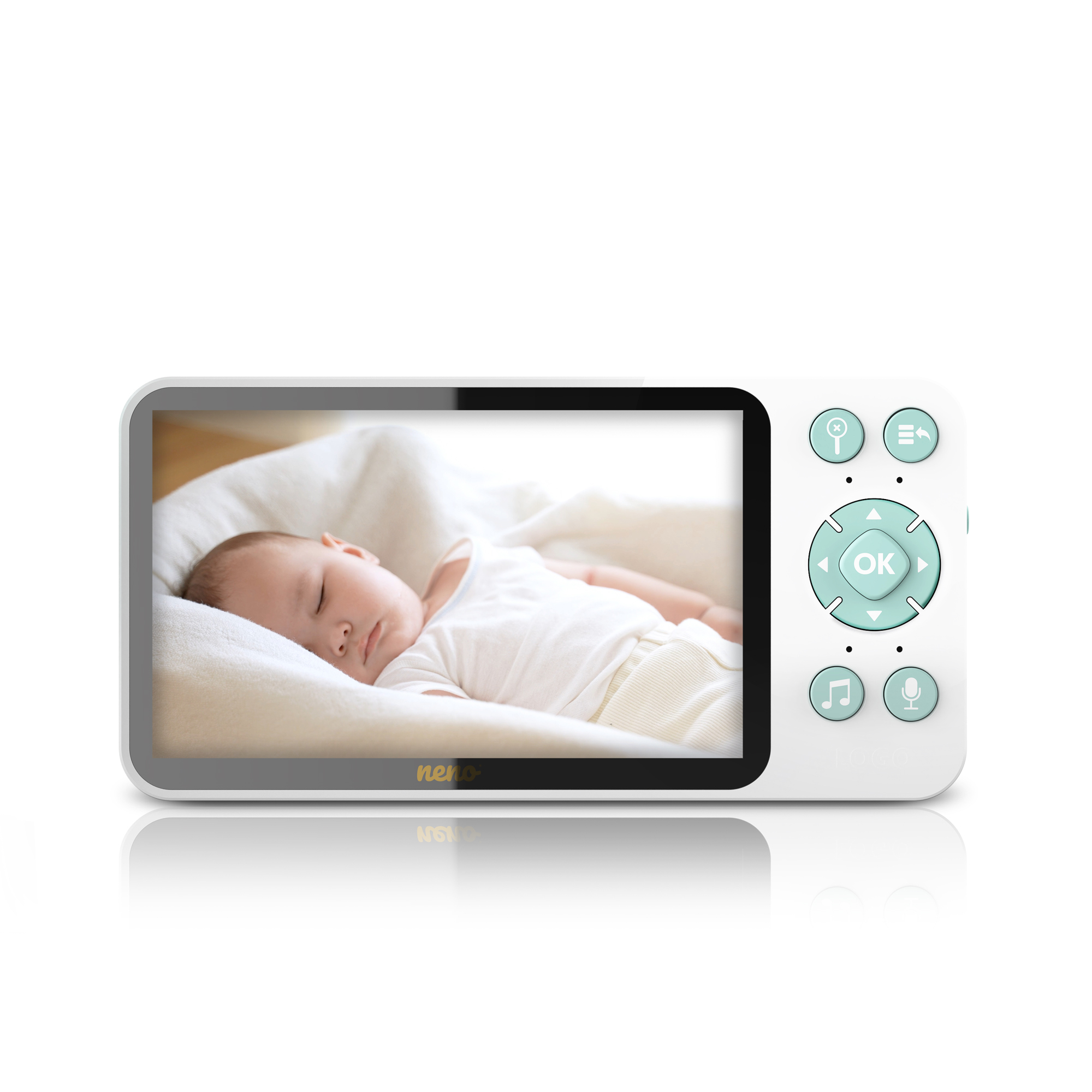 Baby monitor con un bambino che dorme. Dispositivo bianco con pulsanti, schermo mostra un bambino vestito di bianco su una coperta bianca.