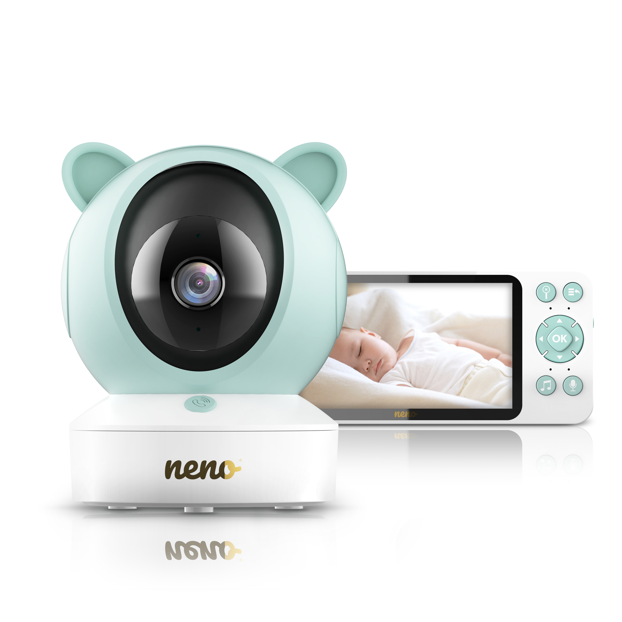 Baby monitor. Telecamera verde menta con orecchie da orso. Schermo mostra bambino che dorme. Base bianca con logo 'neno'.