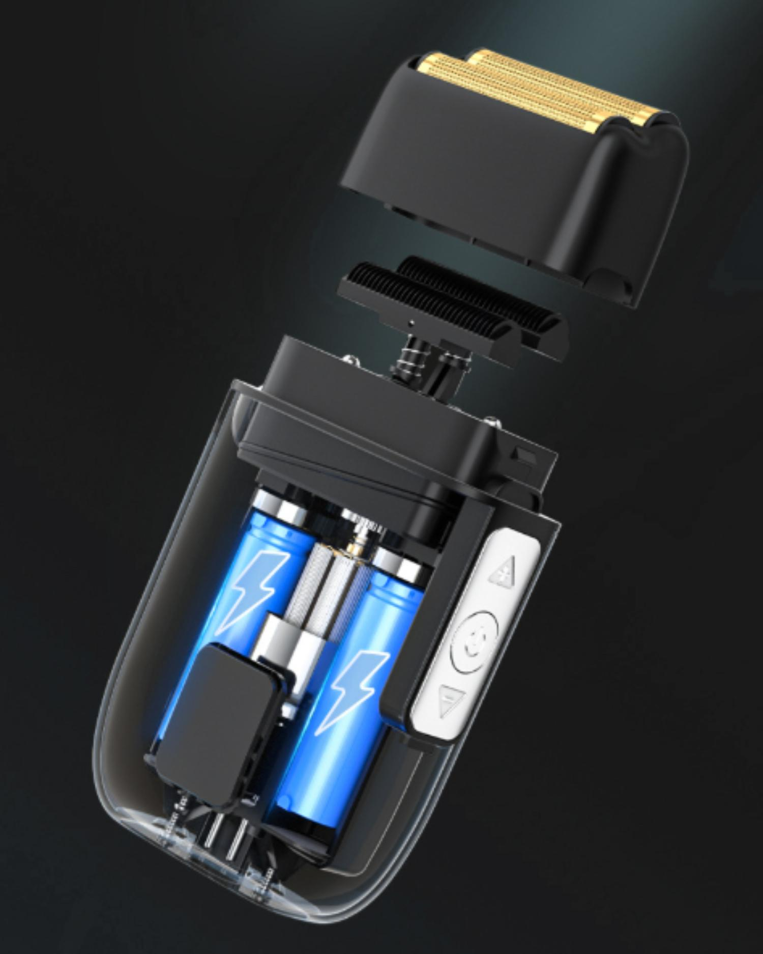 Explosionsansicht eines Elektrorasierers mit Innenkomponenten, einschließlich Batterien, Klinge und Bedienelementen, vor schwarzem Hintergrund.