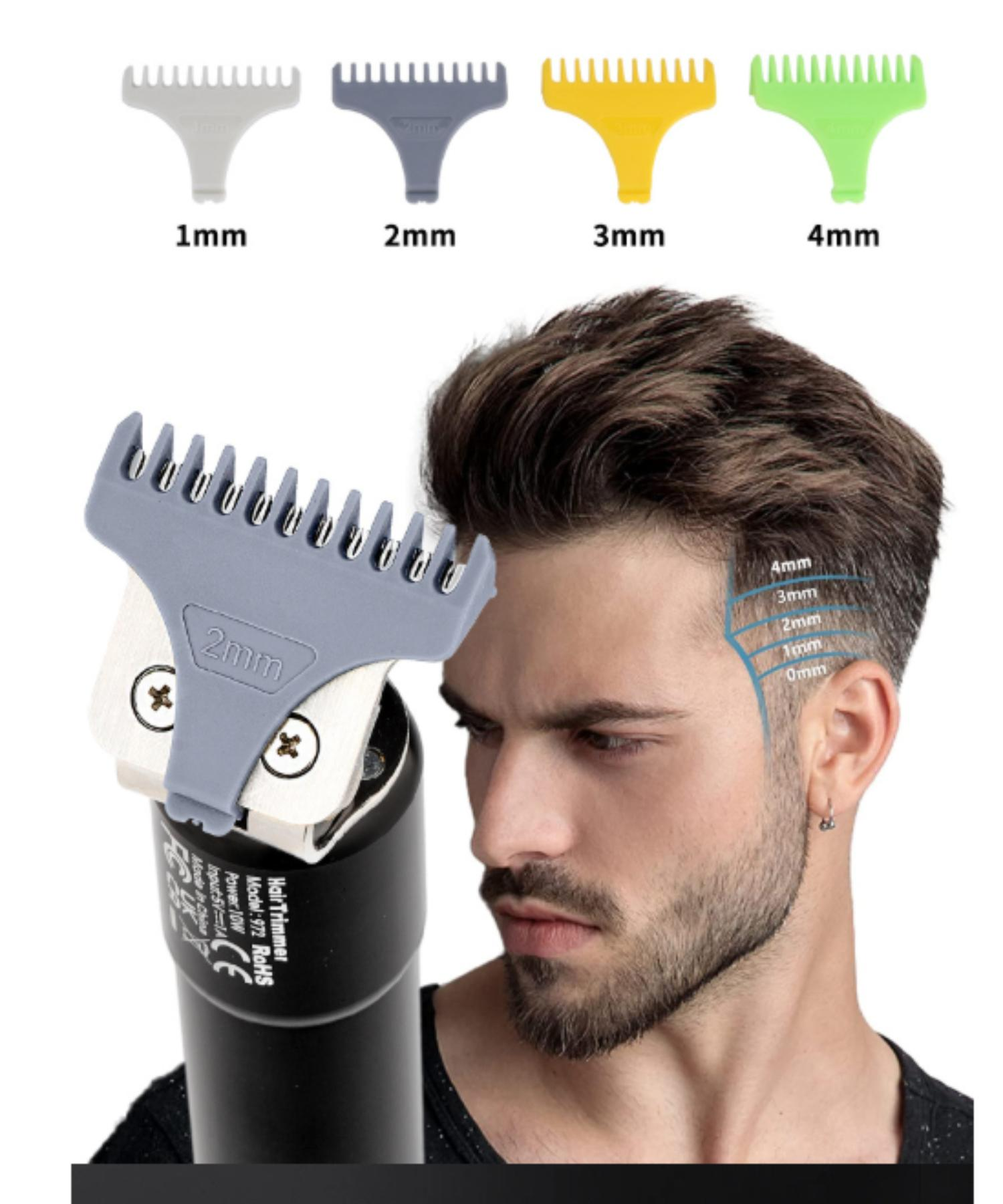 Ein Mann mit Bart demonstriert Haarschneider mit verschiedenen Aufsatzgrößen und ein Diagramm der Haarlänge.