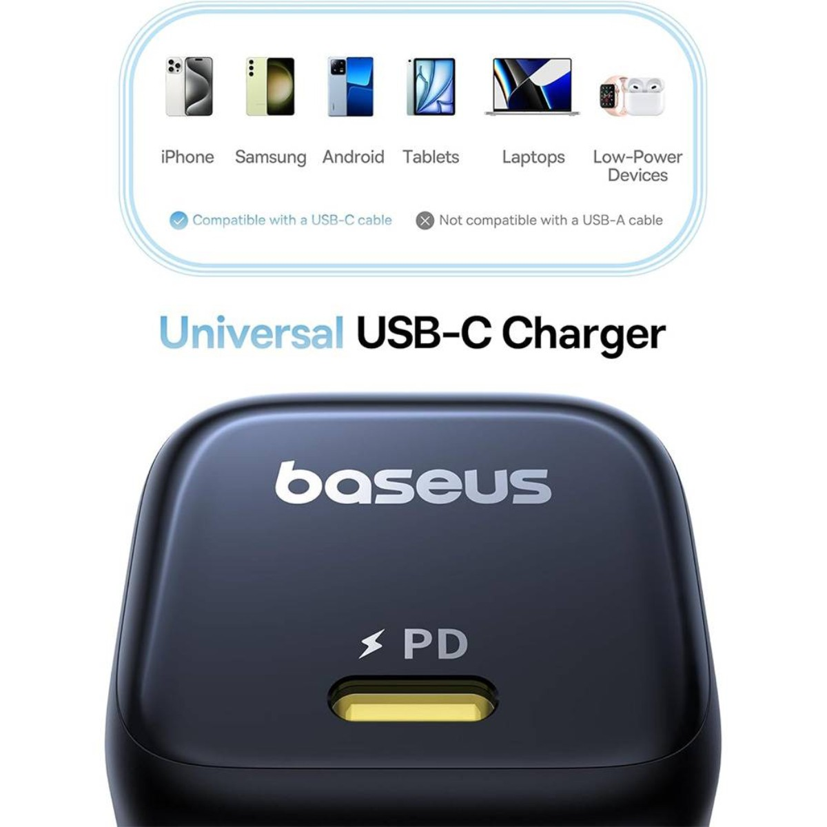 Un caricabatterie USB-C Baseus nero con 'PD' e porta gialla. Sopra, icone di dispositivi, che indicano la compatibilità con cavo USB-C.