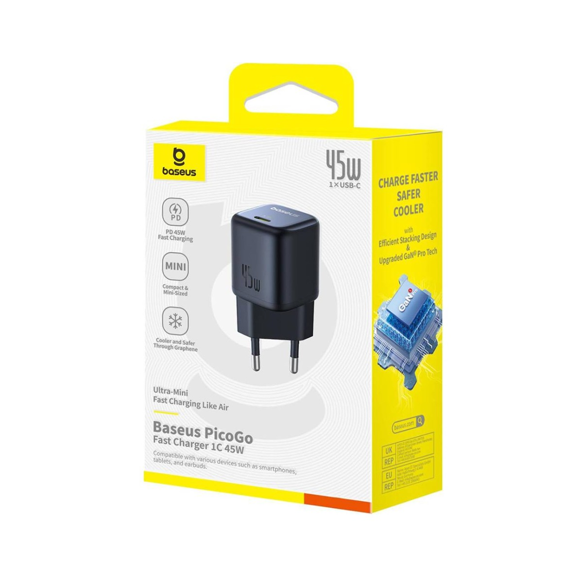 Viene mostrato un caricabatterie Baseus PicoGo 45W. È nero, compatto e in una scatola gialla con testo. Il caricabatterie ha una porta USB-C e due spine.