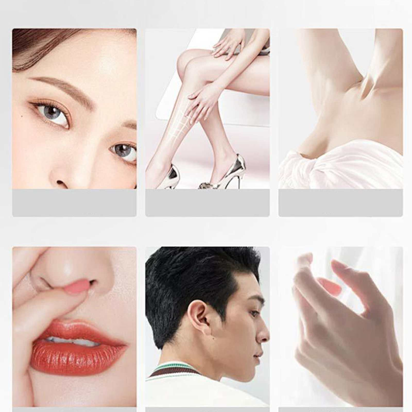 Eine Collage von sechs Bildern: Gesicht, Beine, Achselhöhle, Lippen, Männerprofil und Hand.