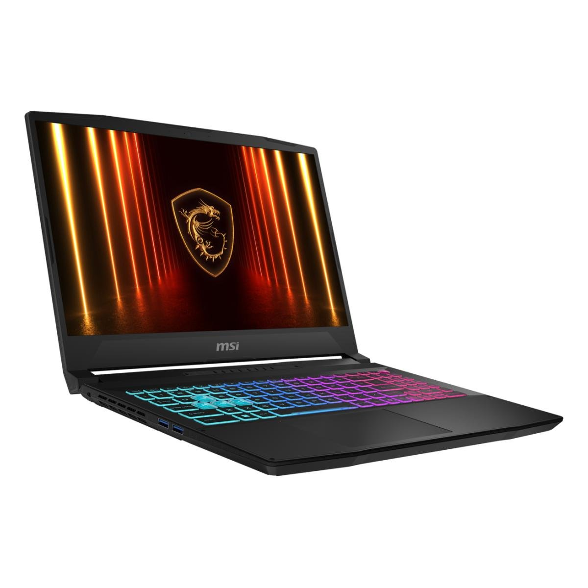 Schwarzer MSI-Laptop, Bildschirm an, farbenfrohe Tastatur mit Hintergrundbeleuchtung. Anzeige zeigt Drachenlogo und orange/gelbes abstraktes Design.