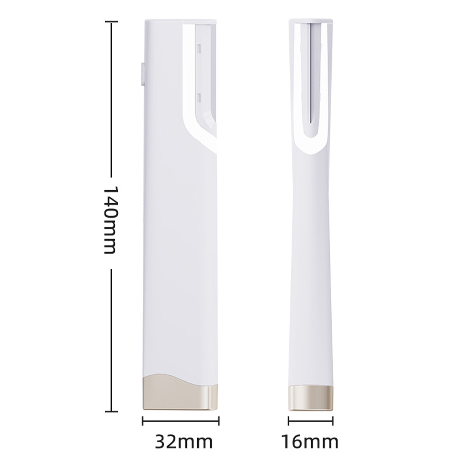 Zwei weiße Objekte, eines breit und eines dünn, mit beigen Böden. Abmessungen sind 140 mm und 32 mm/16 mm.
