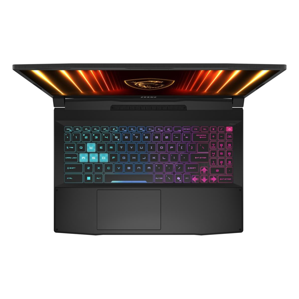 Draufsicht auf einen schwarzen Laptop mit farbenfroher Tastatur. Der Bildschirm zeigt orange und gelbe Lichter. Der Laptop ist geöffnet.