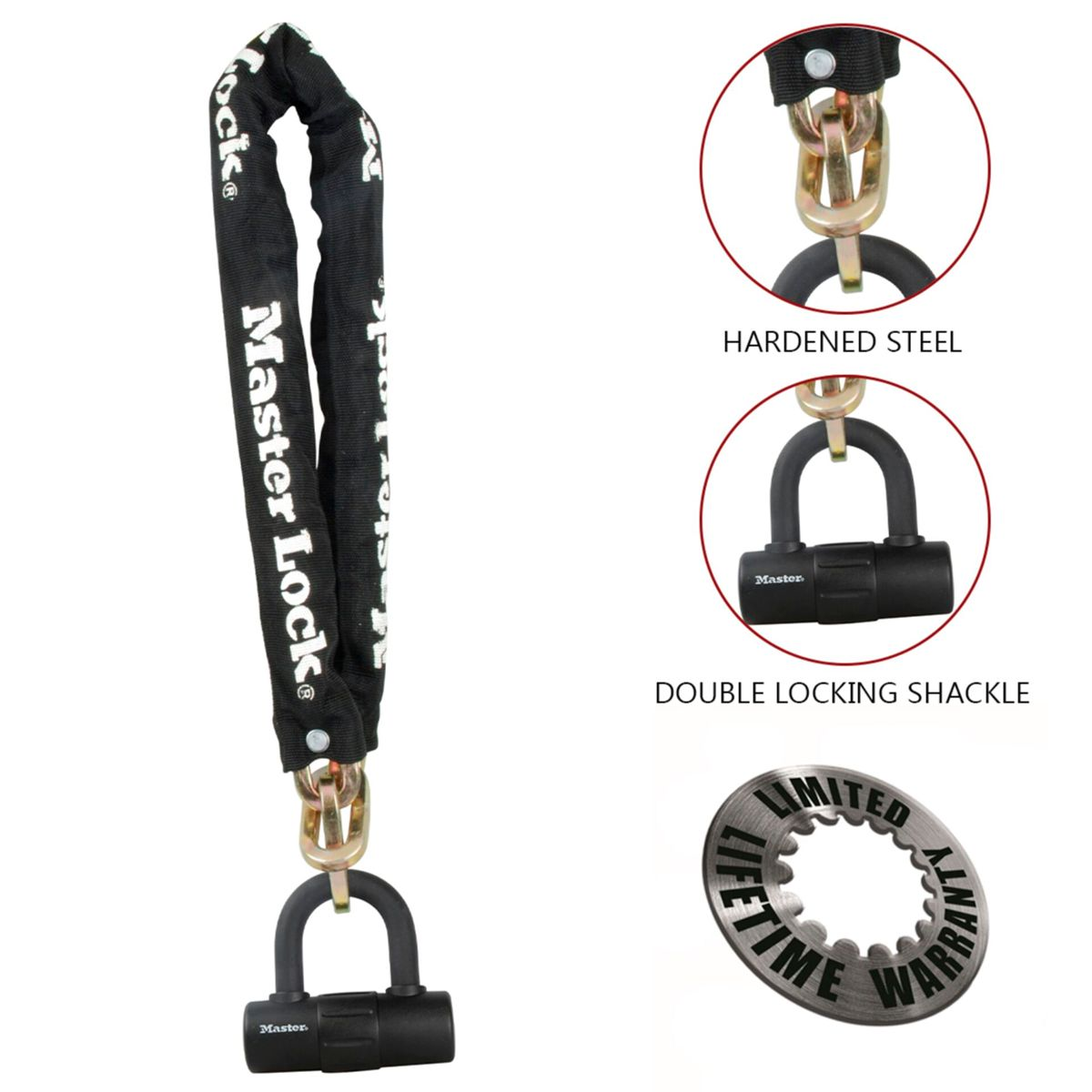 Schwarze Master Lock-Kette mit schwarzem Vorhängeschloss. Details zeigen gehärteten Stahl und Doppelverriegelungsbügel. Auch eine lebenslange Garantie.
