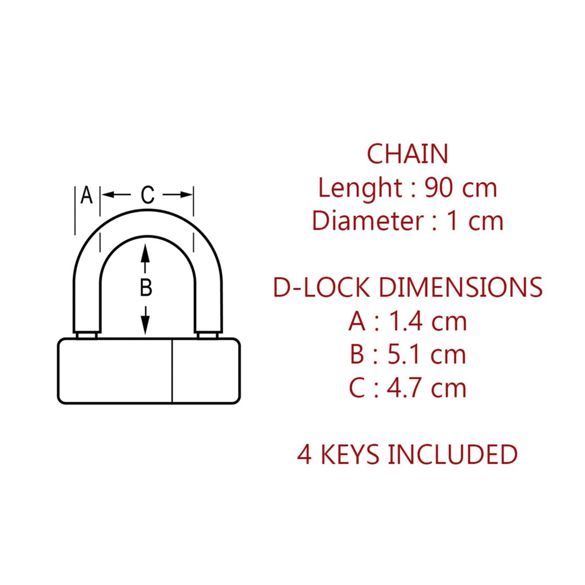 Diagramm eines D-Schlosses mit Abmessungen: A 1,4 cm, B 5,1 cm, C 4,7 cm. Kettenlänge 90 cm, Durchmesser 1 cm. Enthält 4 Schlüssel.
