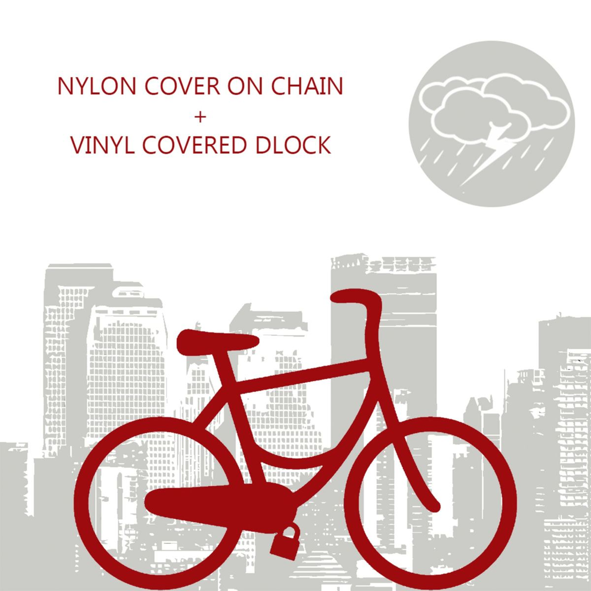Rote Fahrradsilhouette vor Stadtlandschaft mit Text 'Nylonhülle an Kette + Vinylbeschichtetes D-Schloss' und Regenwolke.
