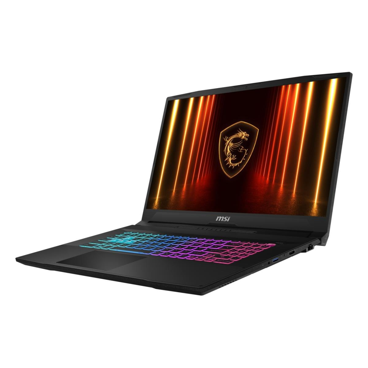 Schwarzer MSI-Laptop. Der Bildschirm zeigt ein Drachenlogo und orange-gelbe Linien. Die Tastatur hat eine farbige Hintergrundbeleuchtung. Weißer Hintergrund.