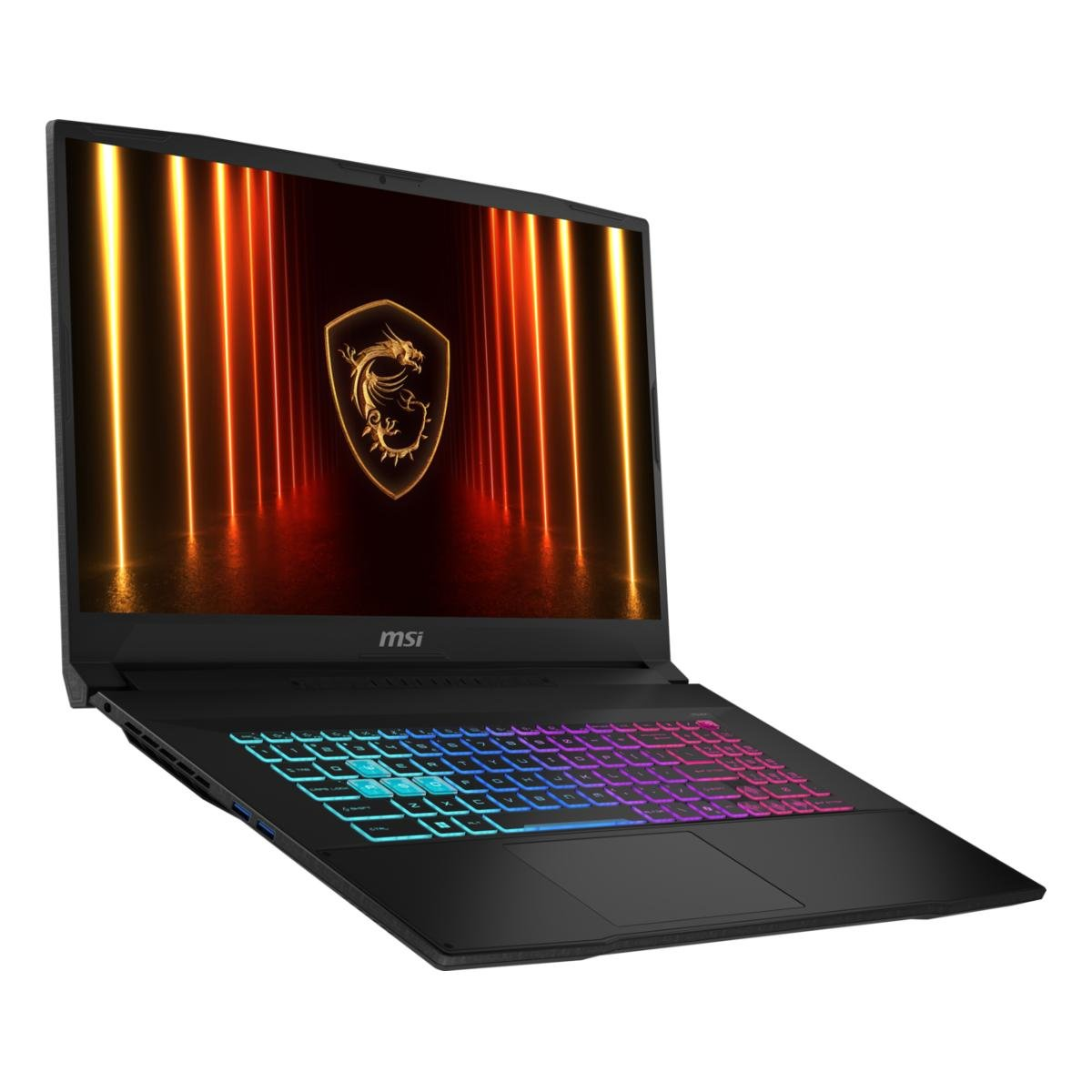Schwarzer MSI-Laptop, farbenfrohe Tastatur. Bildschirm zeigt Emblem und orange/gelbe Lichtstreifen auf dunklem Hintergrund.