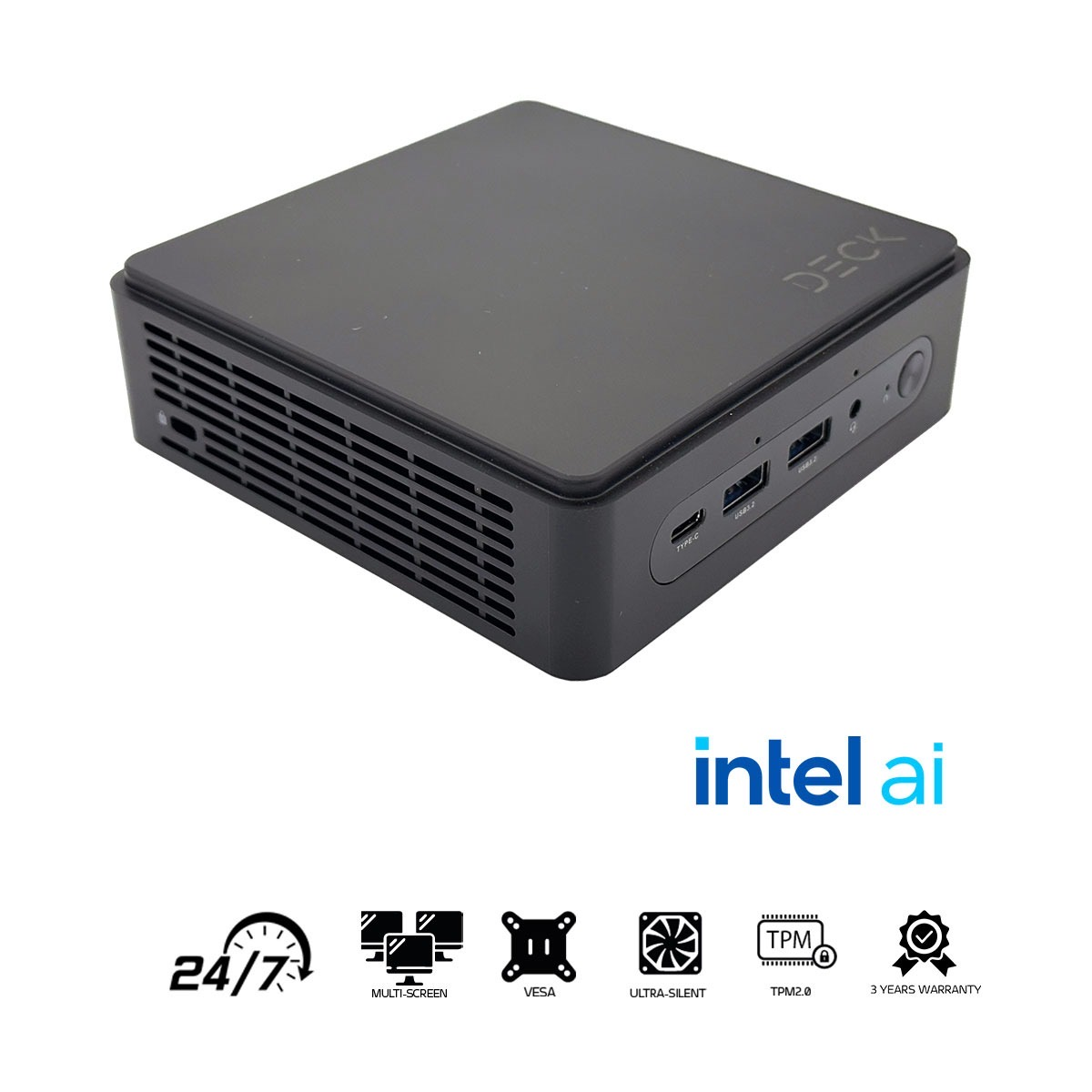 Czarny mini PC z portami, logo 'DECK' i logo 'intel ai' poniżej. Ikony funkcji, takich jak multi-screen i gwarancja, również występują.