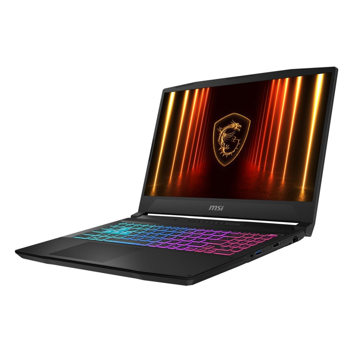 Schwarzes MSI-Laptop mit bunter Tastatur und Bildschirm mit goldenem Drachenlogo und orange-gelben Lichtern.