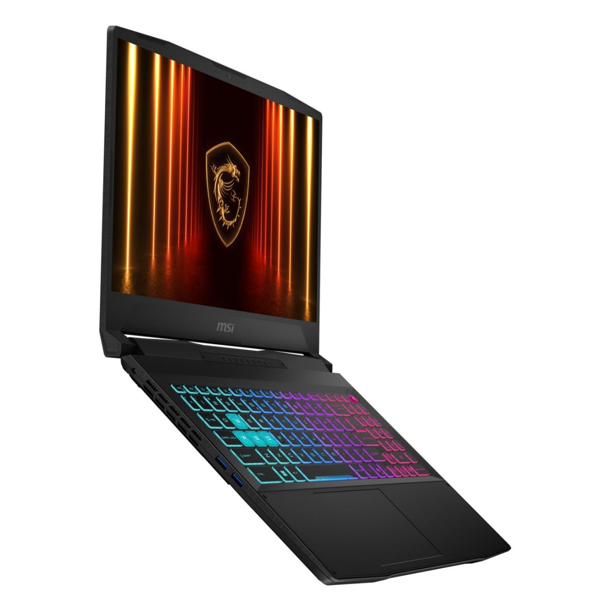 Ein schwarzer MSI-Laptop mit farbwechselnder Tastatur. Der Bildschirm zeigt ein Logo und Linien. Der Laptop ist geöffnet.