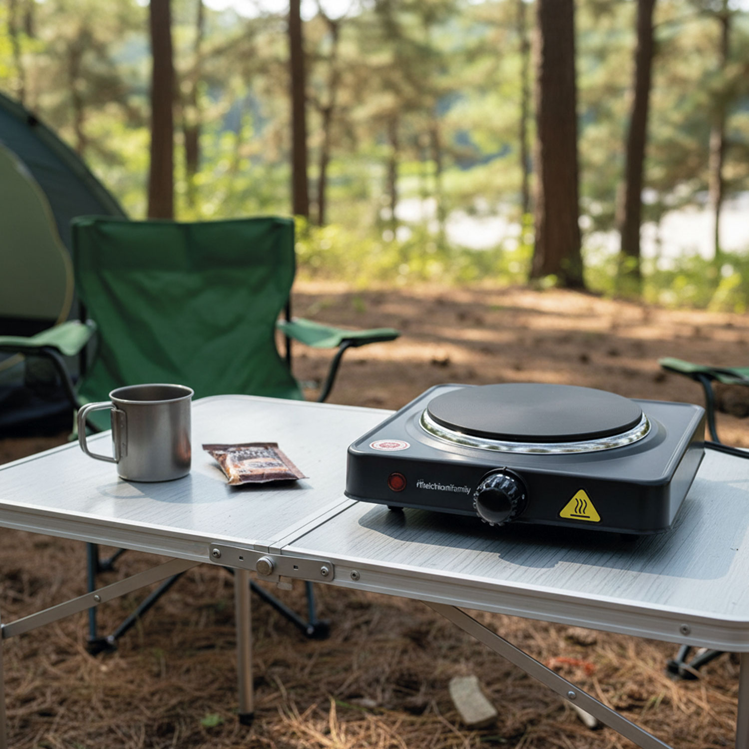 Una escena de acampada con una cocina portátil, una taza y un tentempié sobre una mesa. Una tienda de campaña y árboles son visibles al fondo.