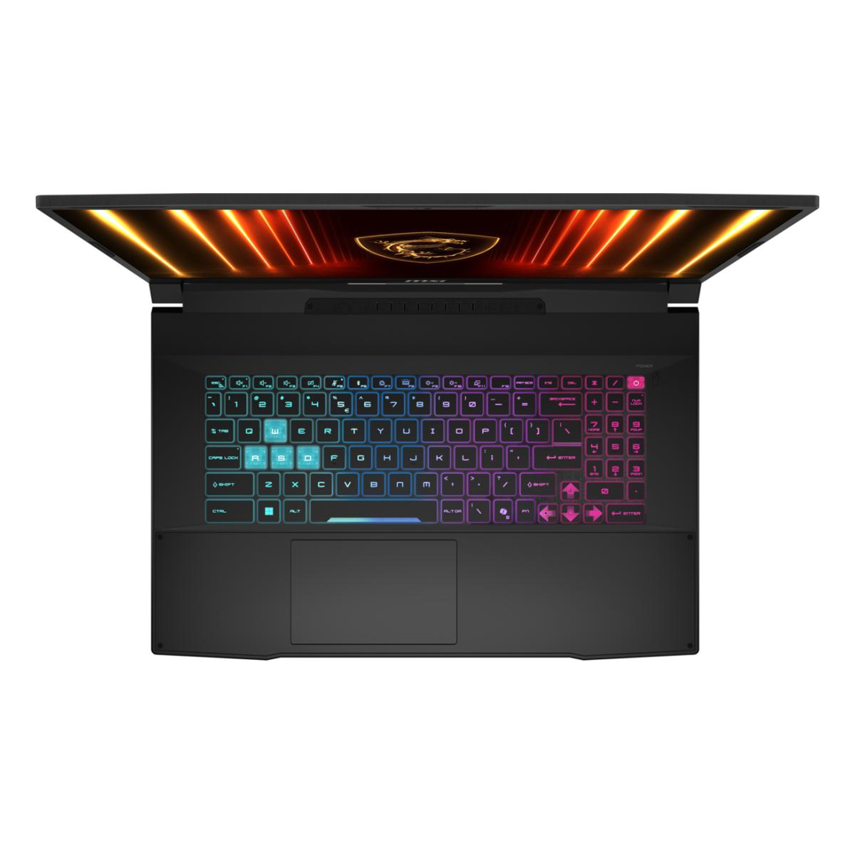 Ein schwarzer Laptop ist geöffnet. Die Tastatur leuchtet mit bunten Lichtern. Der Bildschirm zeigt orangefarbene und gelbe Lichtmuster.