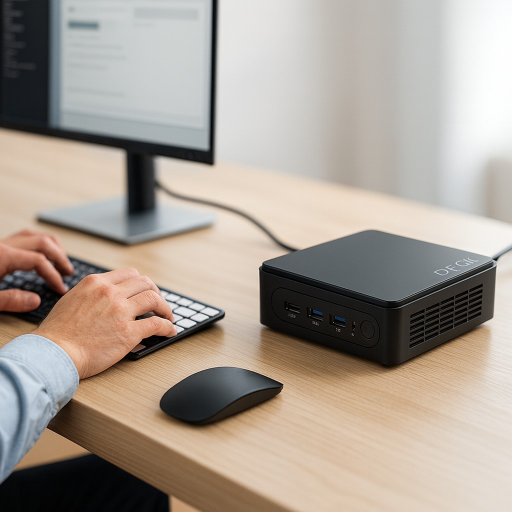 Osoba używa klawiatury, myszy i komputera. Czarny komputer jest po prawej. Monitor wyświetla kod.