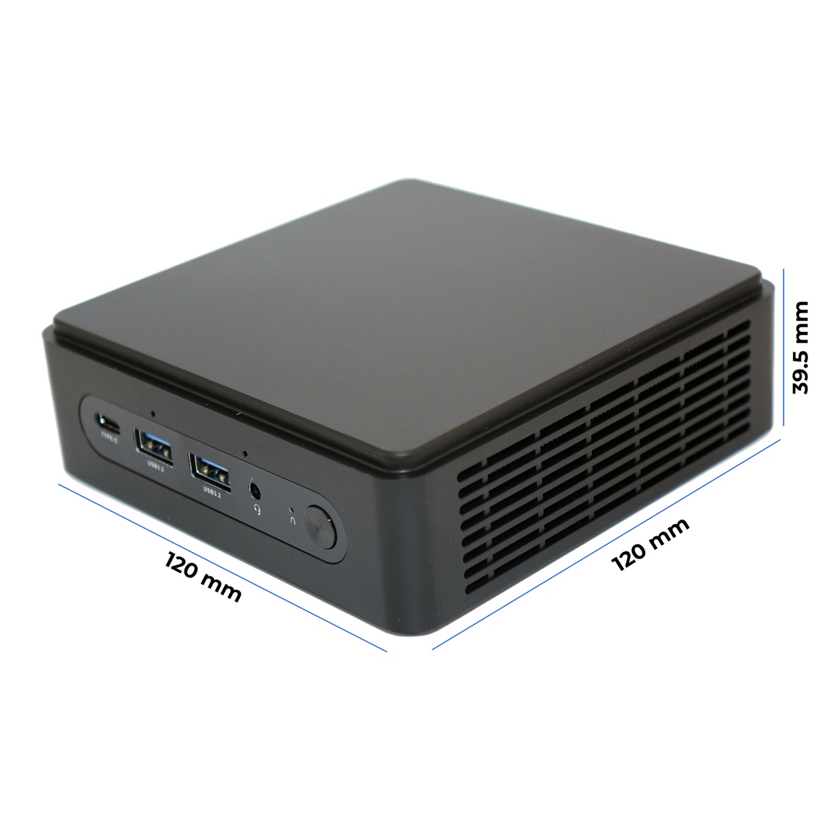 Czarny mini-komputer o wymiarach 120 mm x 120 mm x 39,5 mm. Posiada porty USB, przycisk zasilania i szczeliny wentylacyjne.